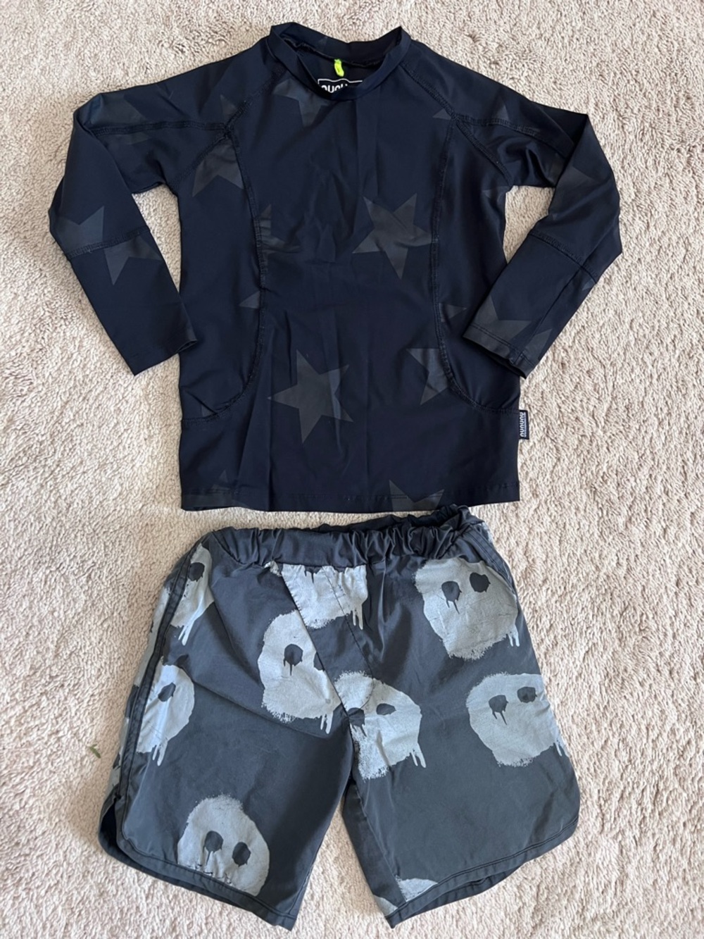 nununu Black Star Rash Guard with Gray Skull Swim Shorts